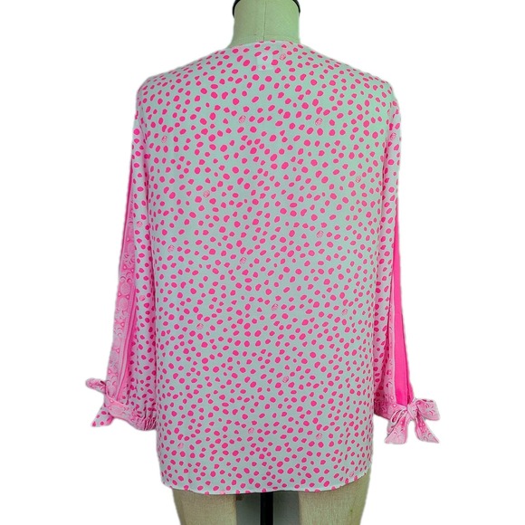 Lilly Pulitzer Pink White Dot Top V-Neck‎ 3/4 Bow Sleeve Pullover XS Lightweight - Picture 5 of 9